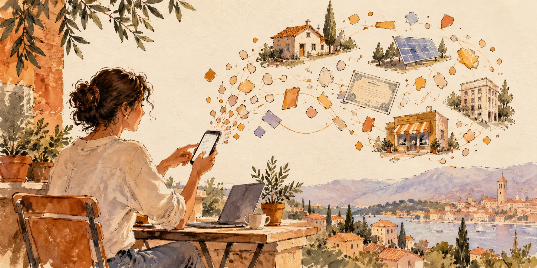 A person using a phone and laptop as tokenized assets connect to homes, renewable energy, businesses, and financial instruments.