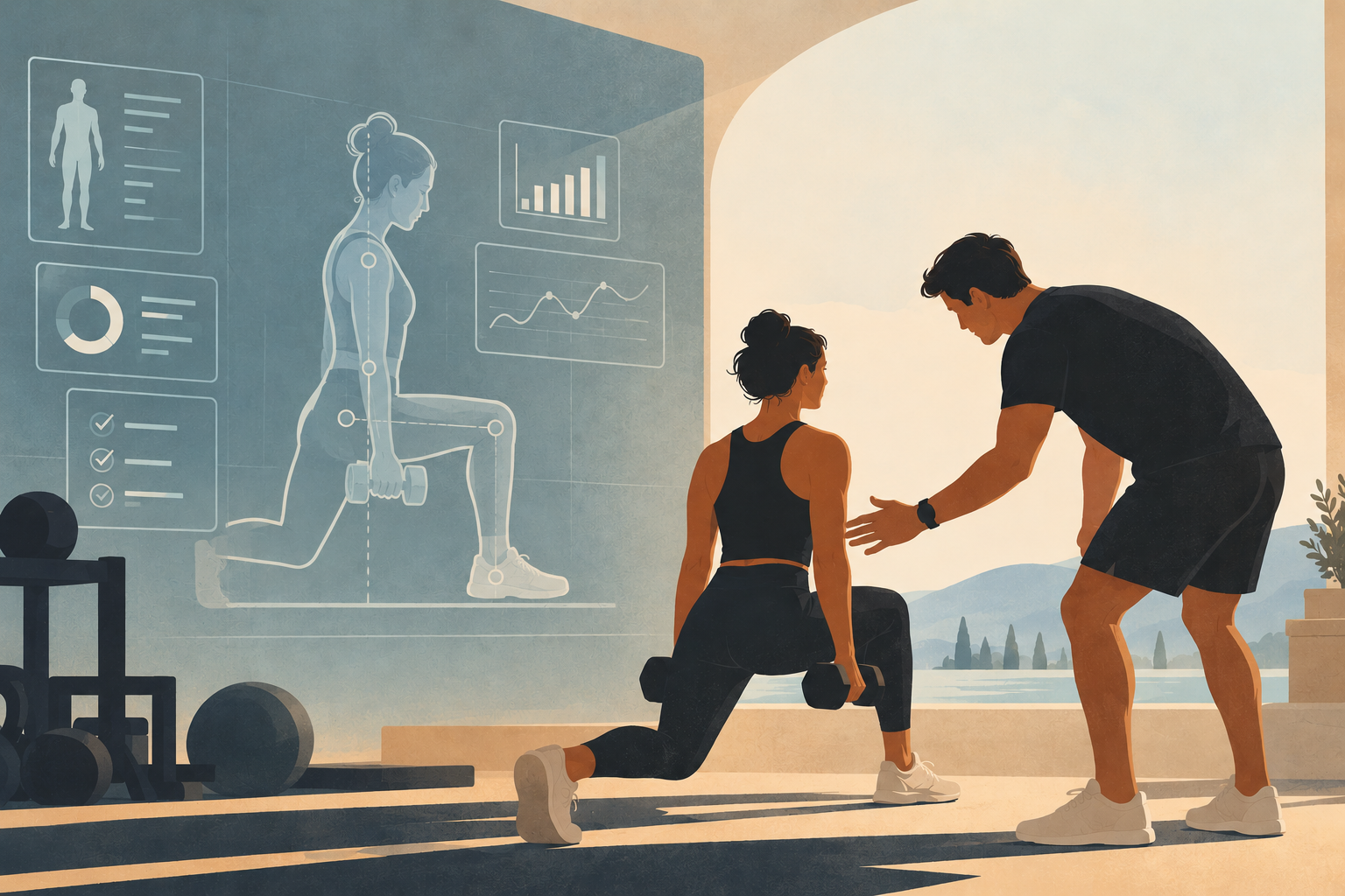 A fitness coach guiding a member through a workout, with data visualizations of training metrics floating around them.