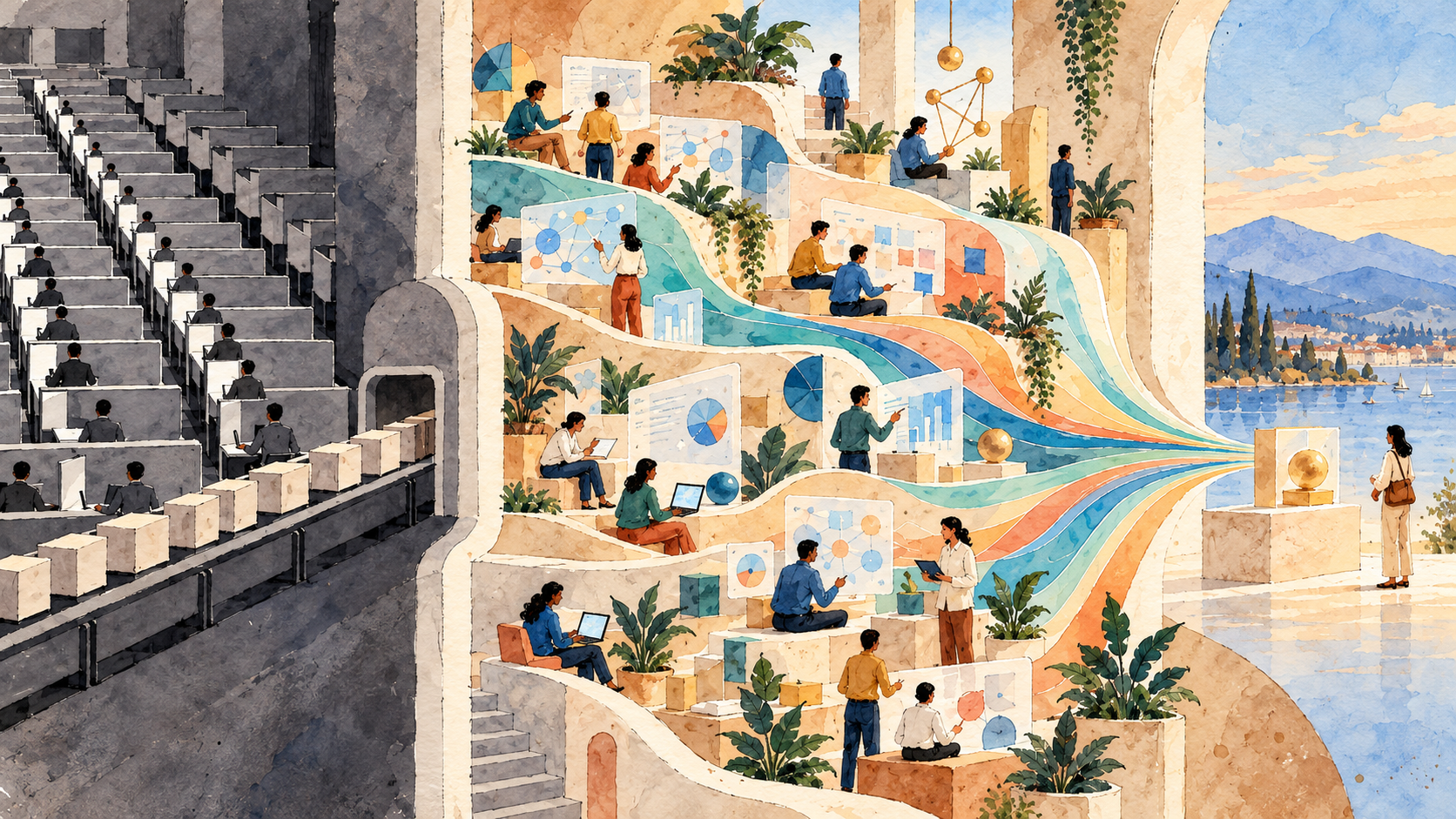 A rigid, monochrome office giving way to a fluid, collaborative workplace where teams explore ideas with data and AI.