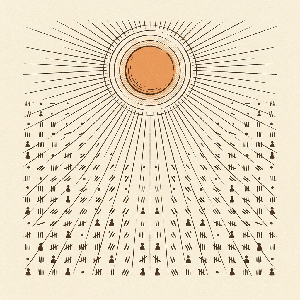 A warm orange sun radiating fine ink rays down onto a quiet field of small marks — persuasion at population scale, made visible.