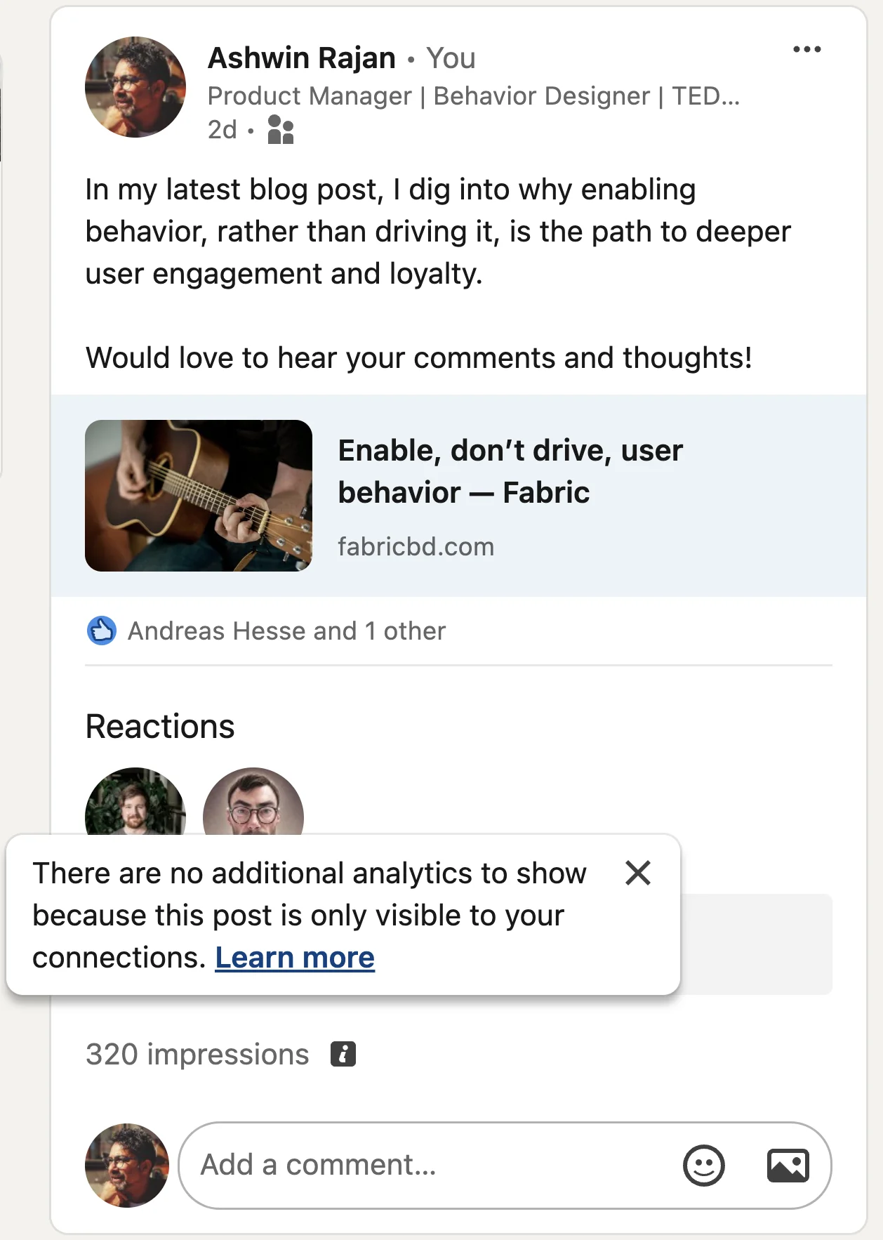 LinkedIn screenshot showing analytics restricted because the post is visible only to connections