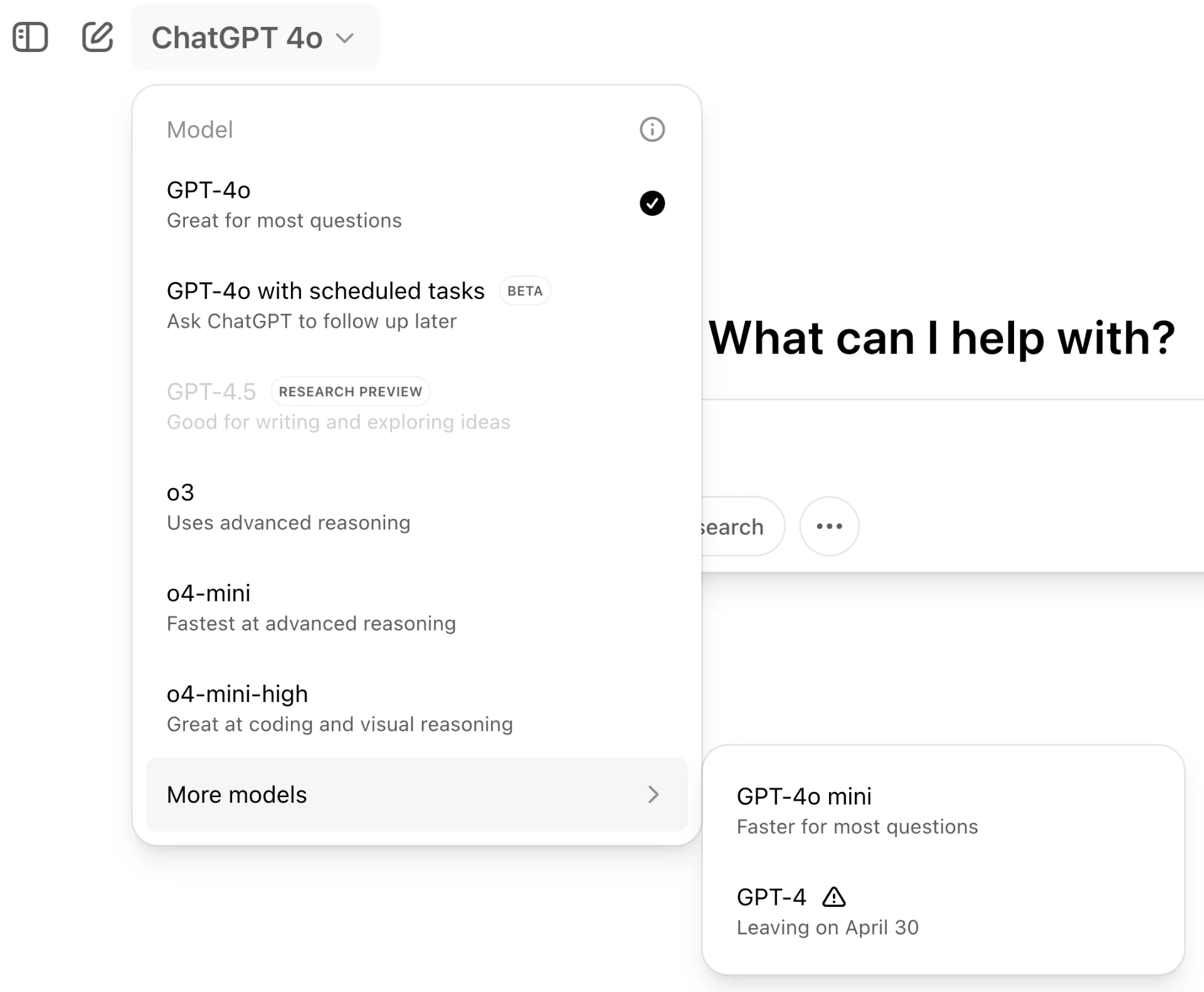 Screenshot of the ChatGPT model picker showing multiple models to choose from