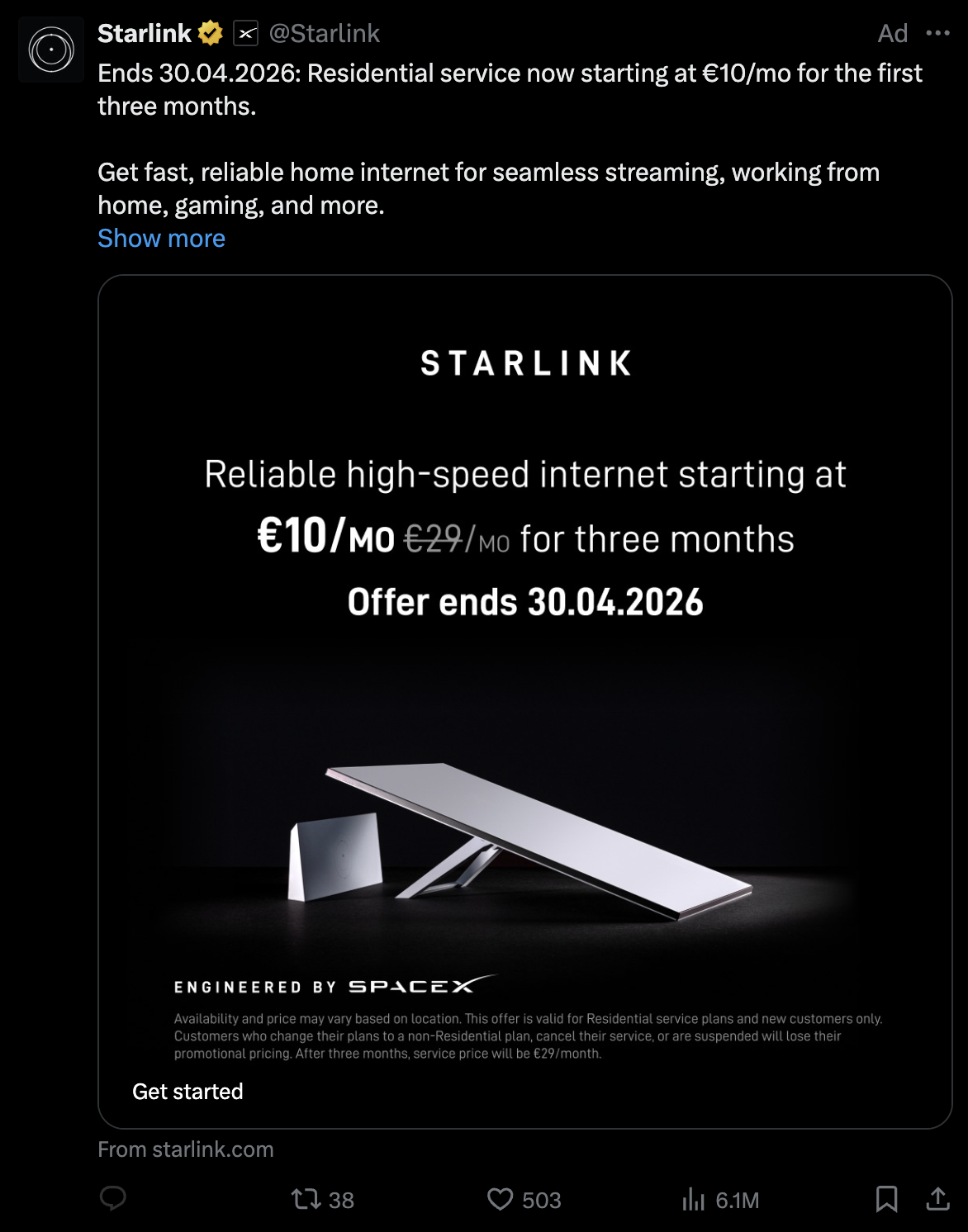 Starlink ad on X promoting residential service at €10/mo for three months