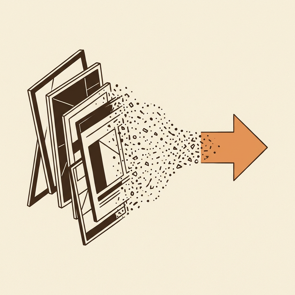 A leaning stack of brown screens dissolving into particles that reorganize into one clean orange arrow pointing forward — artifacts giving way to intent.