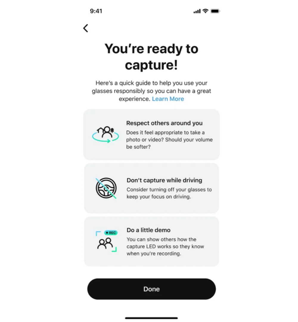 Screenshot of the Ray-Ban Stories companion app emphasising privacy controls