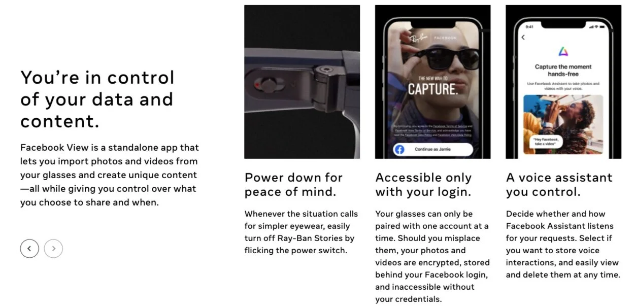 Screenshot of Facebook's Ray-Ban Stories privacy microsite