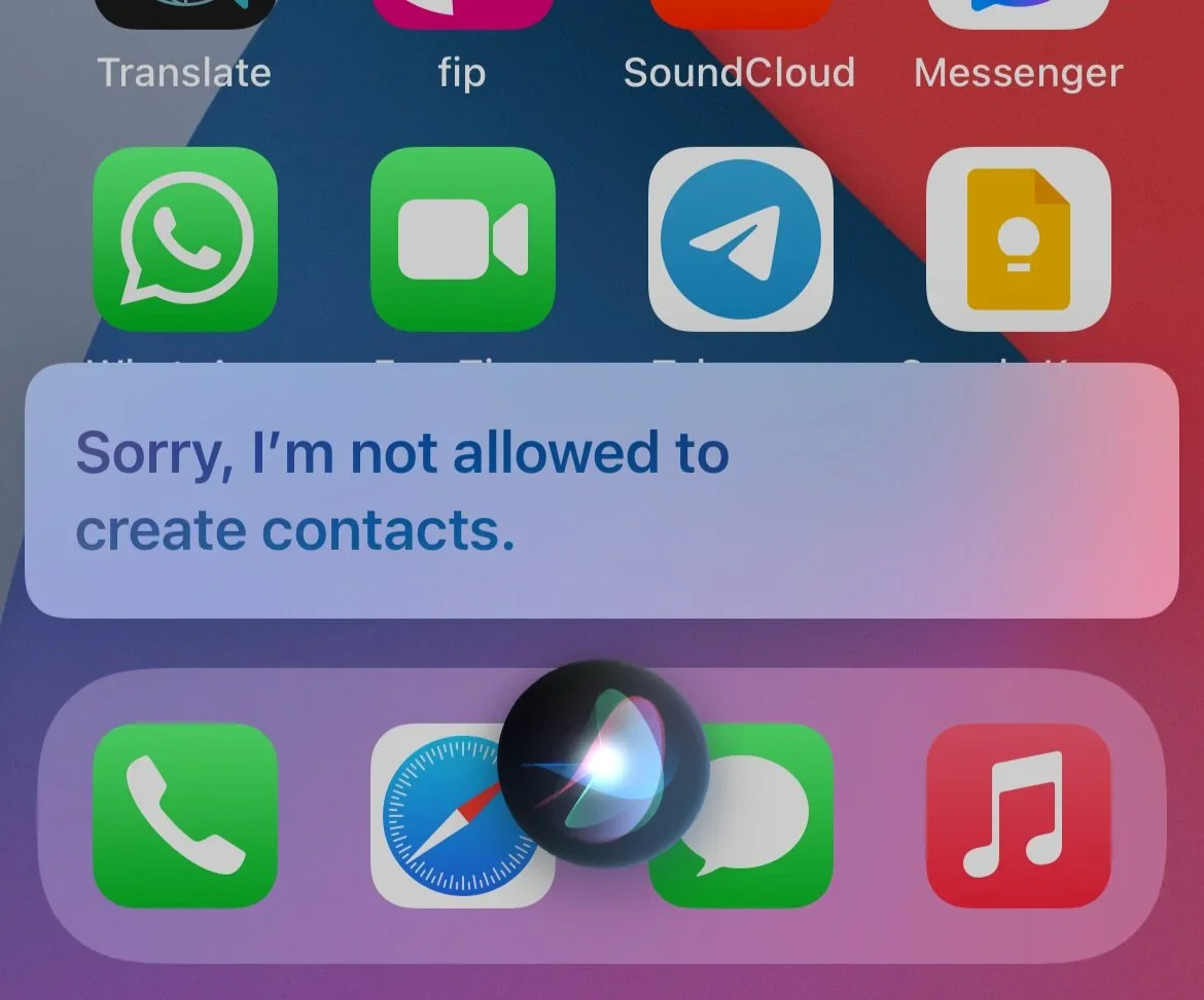 Screenshot of Siri prompting the user to grant access to Contacts via Settings