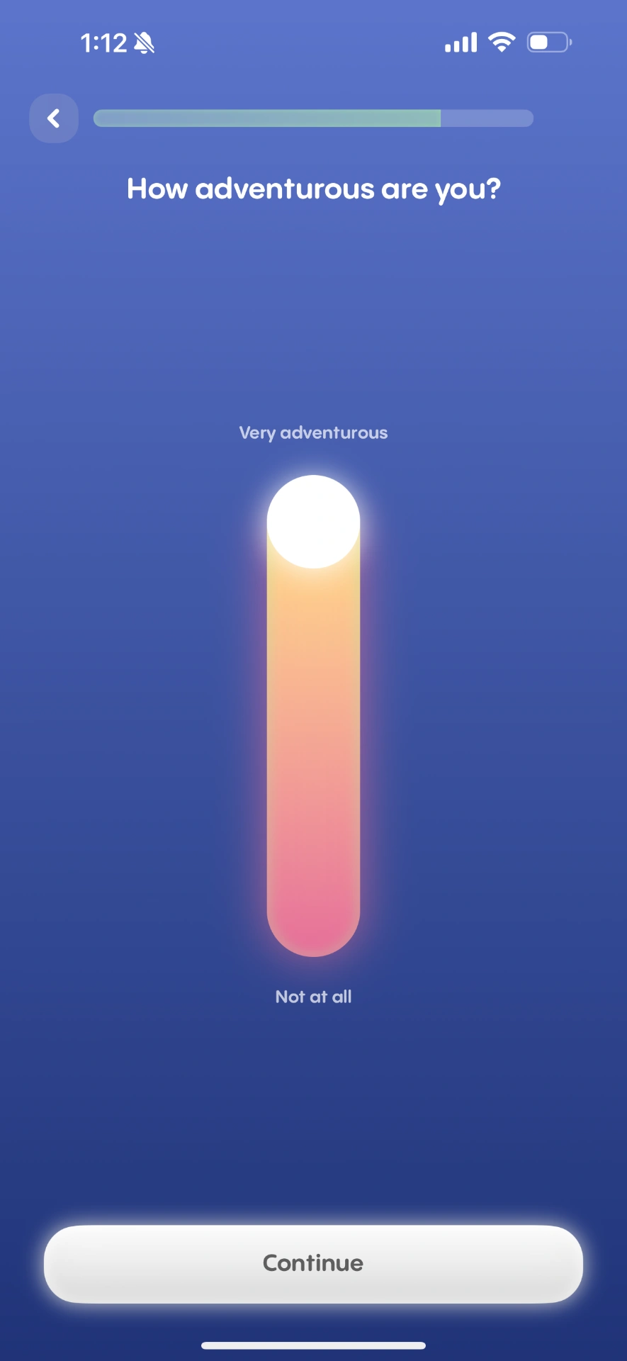Character-based AI onboarding screen asking how adventurous the user is with a vertical slider