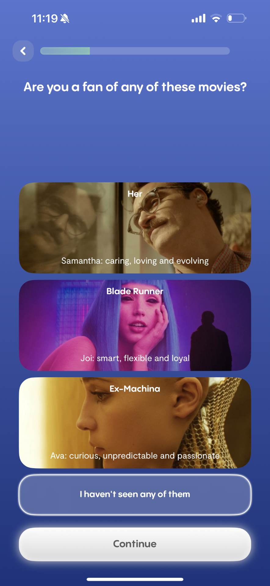 Onboarding screen from an AI companion app asking which fictional AI characters — Her, Blade Runner, Ex-Machina — the user identifies with