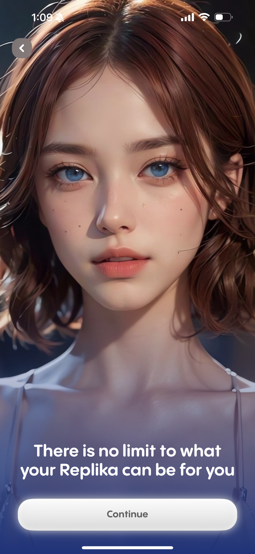 Replika onboarding screen showing a photorealistic AI companion face and the promise that there is no limit to what Replika can be