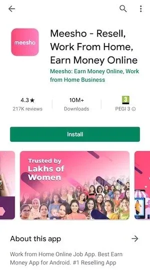 Screenshot of the Meesho app store listing