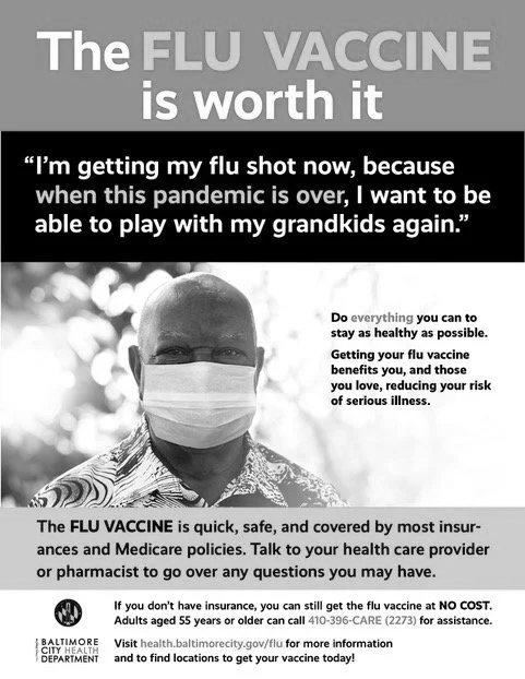Baltimore public flu vaccination campaign poster featuring grandparents and grandchildren