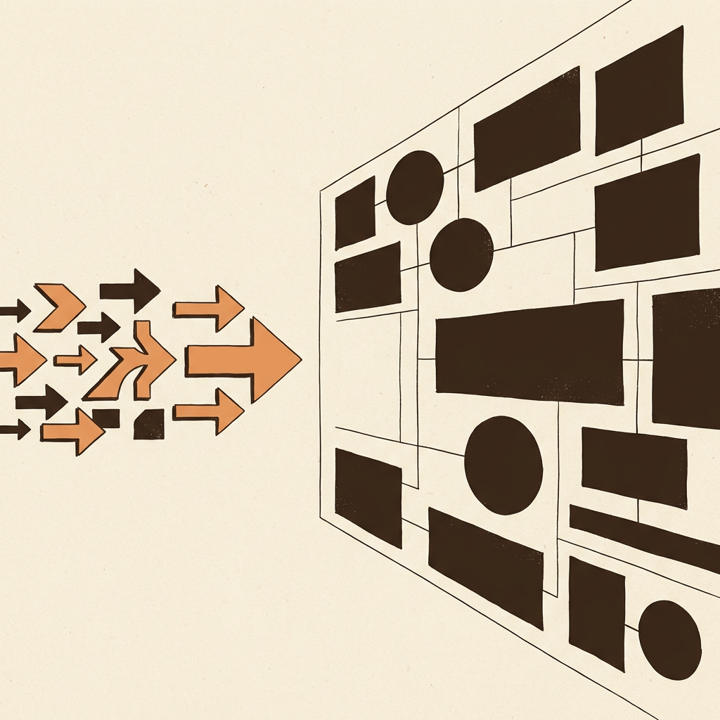 A small flock of orange arrows pushing toward a dense wall of brown geometric blocks — the asymmetric tension between AI's frontier and institutional adoption.