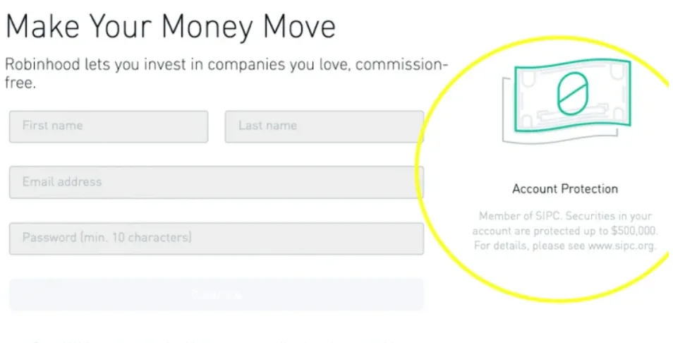 Robinhood signup interface focused on building user trust