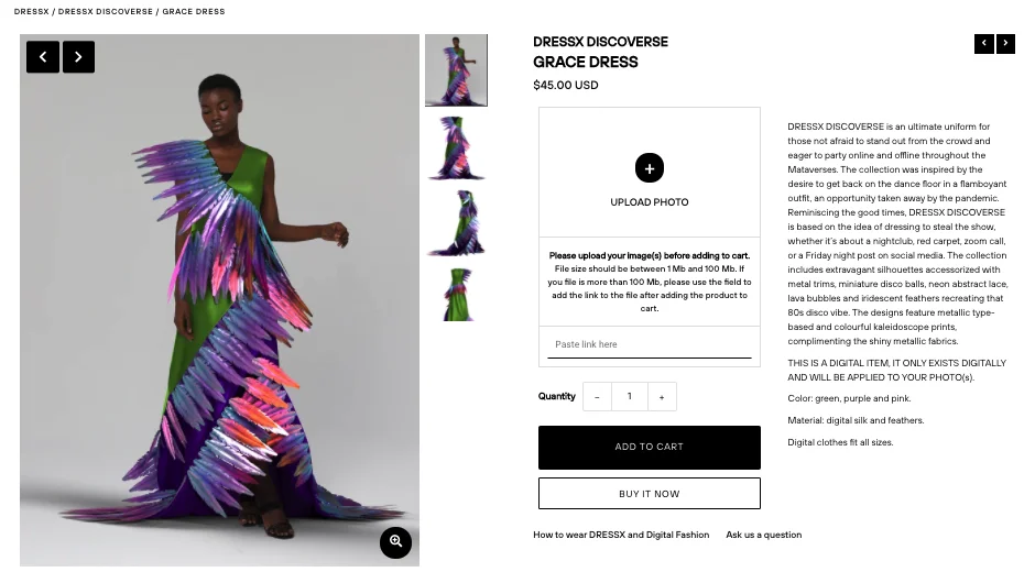 Second screenshot of virtual fashion items for sale on Dressx.com